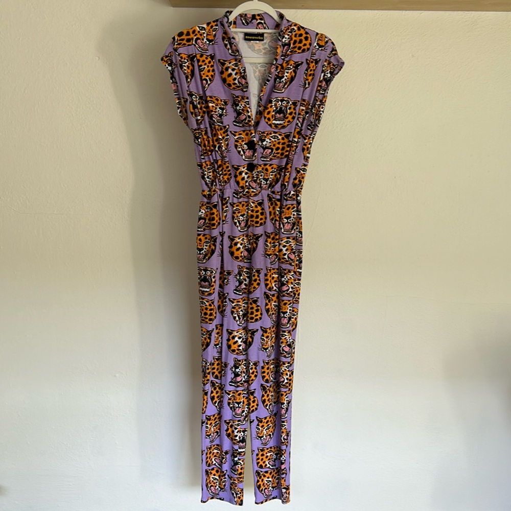 Deadstock NOOWORKS purple cheetah print knit cropped sleeveless magic jumpsuit.